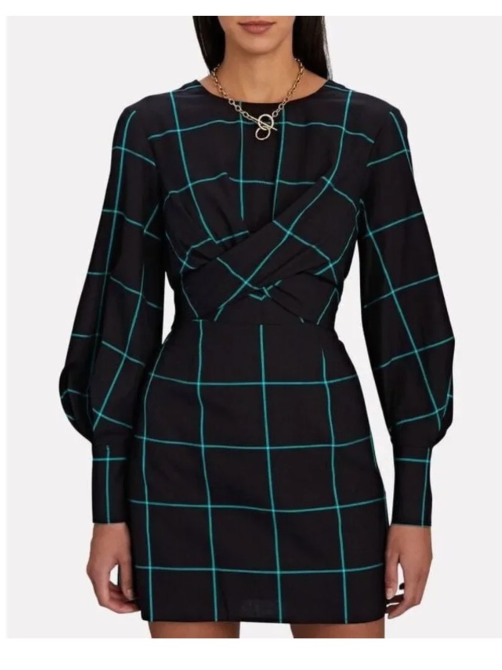 Staud Dress Womens XL Crosshill Black Blue Windowpane Check Cutout Long-Sleeve